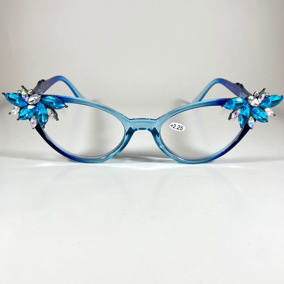 OOAK Vintage Vixen blue ombre frames with Turquoise rhinestones +.50 & +2.25 - Picture 3 of 9